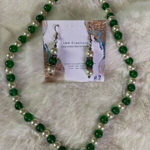 Jade green and white glass beads with matching earings